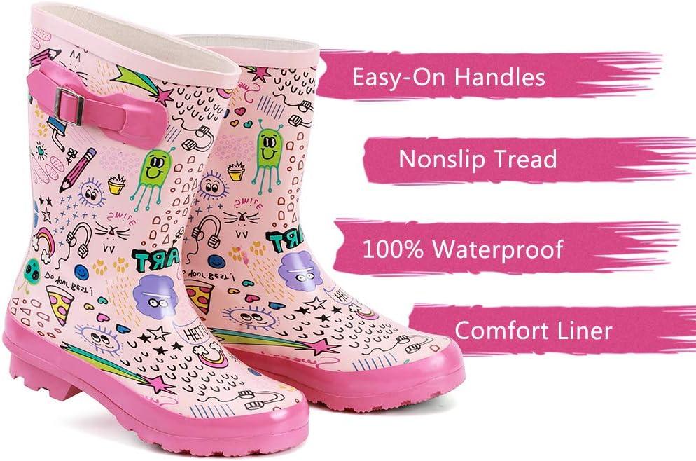 imageALEADER Kids Waterproof Rubber Rain Boots for Girls Boys ampamp Toddlers with Fun Prints ampamp Handles