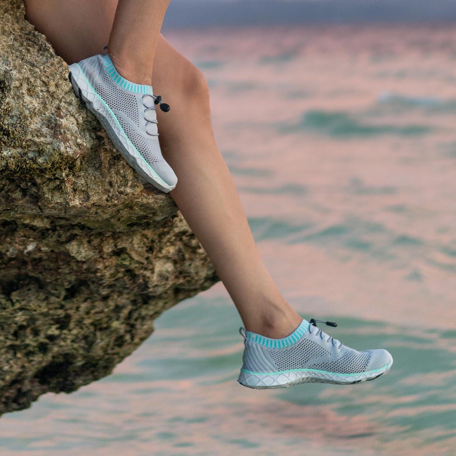 imageALEADER Womens Lightweight Aqua Water Shoes Slipon Quick Drying Swim ShoesGrayAqua Sky