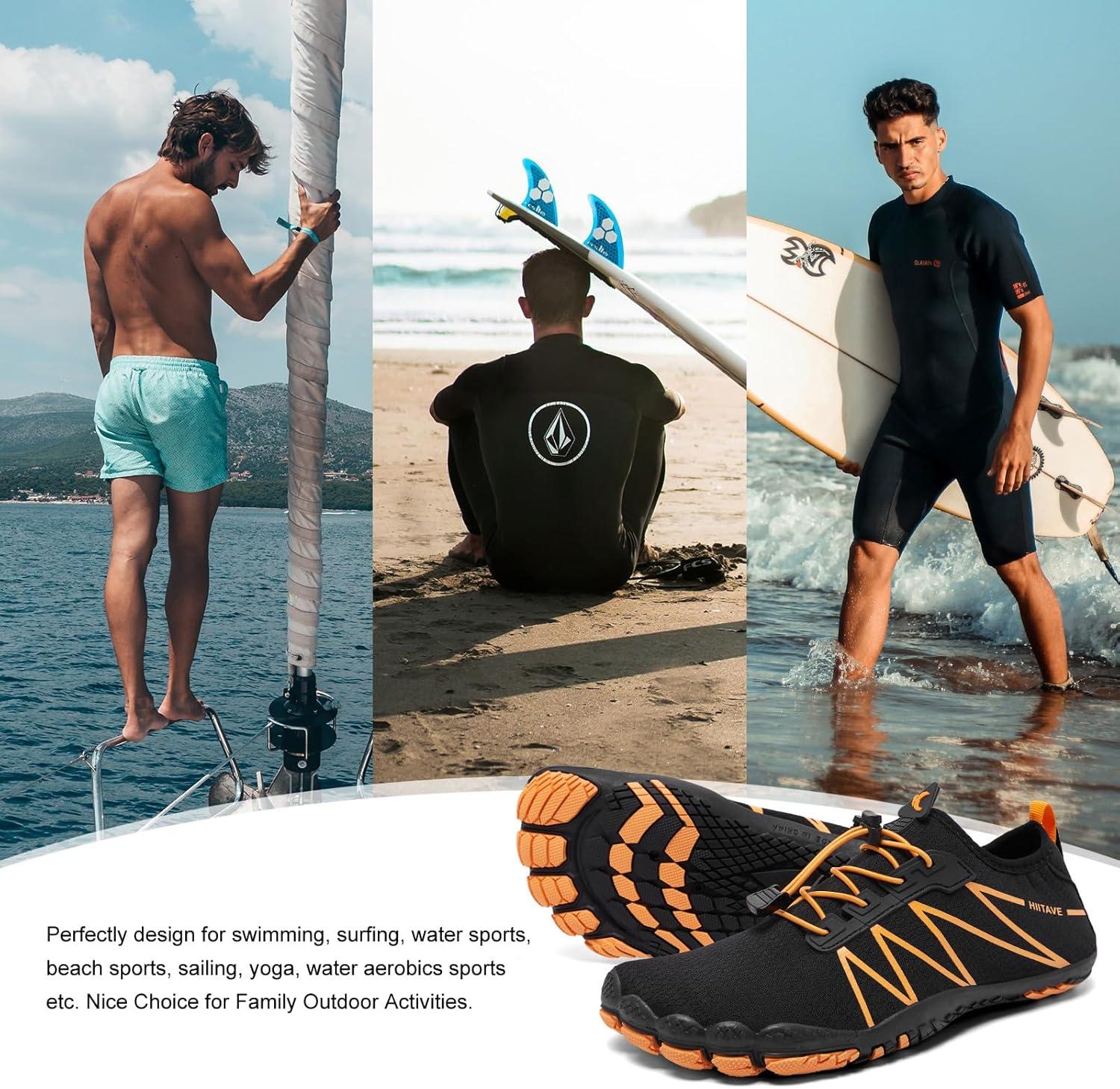 imageHIITAVE Men Barefoot Water Shoes Beach Aqua Socks Quick Dry for Outdoor Sport Hiking Swiming SurfingBlackOrange