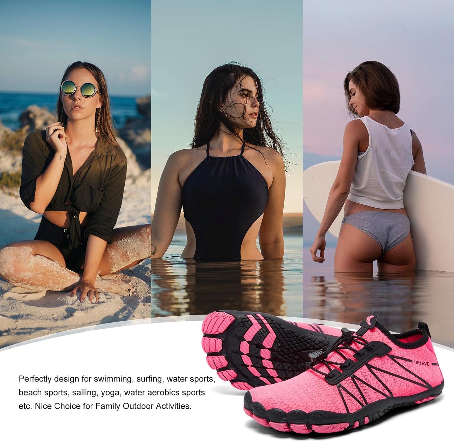 imagehiitave Womens Water Shoes Quick Dry Barefoot for Swim Diving Surf Aqua Sports Pool Beach Walking YogaBlack Fushia