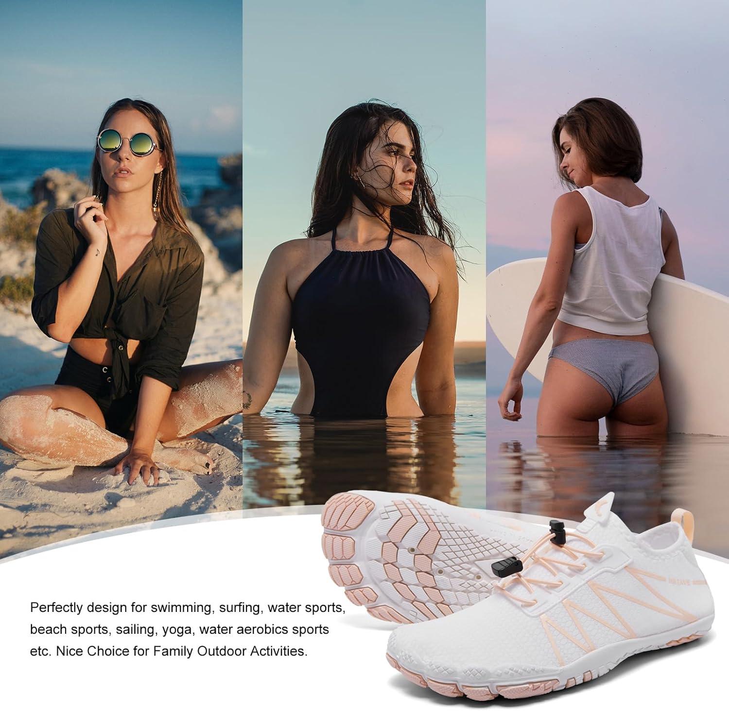 imagehiitave Womens Water Shoes Quick Dry Barefoot for Swim Diving Surf Aqua Sports Pool Beach Walking YogaWhitePink