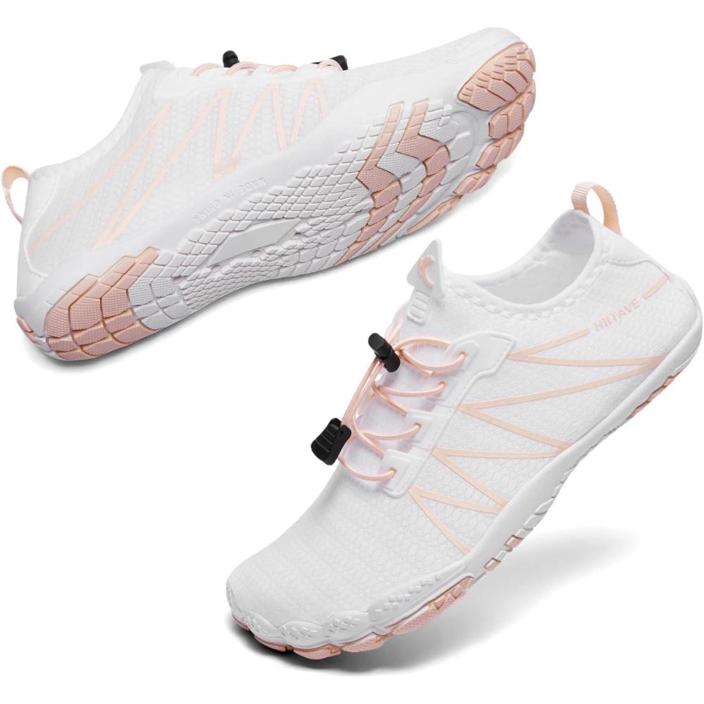 imagehiitave Womens Water Shoes Quick Dry Barefoot for Swim Diving Surf Aqua Sports Pool Beach Walking YogaWhitePink